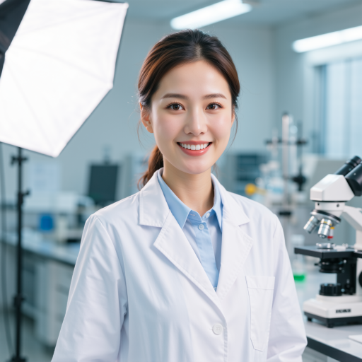 四十岁左右中年女性头像,穿浅色职业装,黑色长发,背景为实验室环境,正面微笑表情